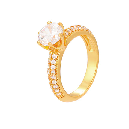 Anillo Con Diseño Seis Garras De Diamantes De Zirconia De Cobre Chapado En Oro 14K