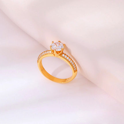 Anillo Con Diseño Seis Garras De Diamantes De Zirconia De Cobre Chapado En Oro 14K