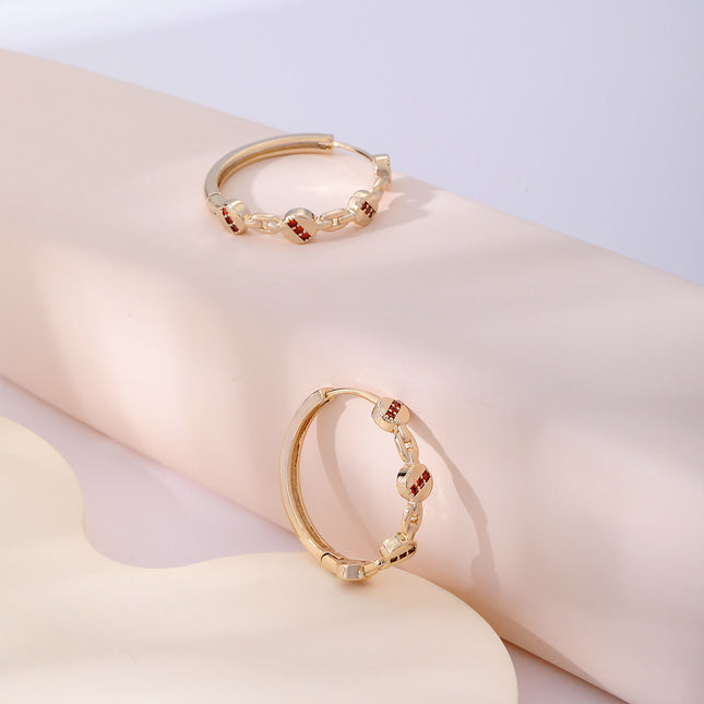 Aretes Arracadas En Cobre Con Elegante Incrustación De Zirconia Roja