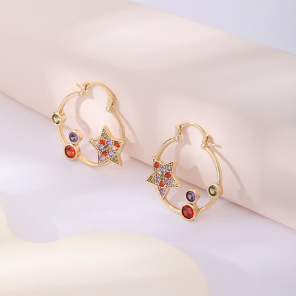 Aretes Arracadas Con Estrella De Colores Y Círculo De Zirconia En Cobre