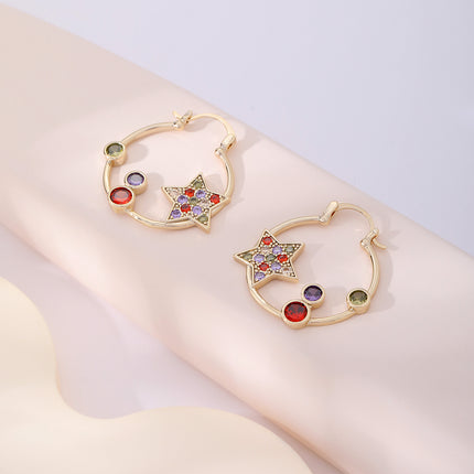 Aretes Arracadas Con Estrella De Colores Y Círculo De Zirconia En Cobre