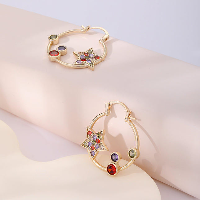 Aretes Arracadas Con Estrella De Colores Y Círculo De Zirconia En Cobre