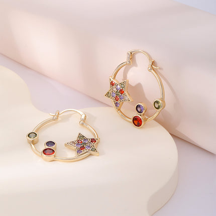 Aretes Arracadas Con Estrella De Colores Y Círculo De Zirconia En Cobre