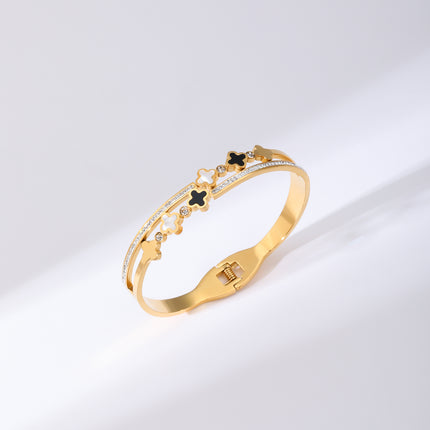 Pulsera Brazalete Con Flores De Cuatro Hojas Y Circonitas Diseño Resorte