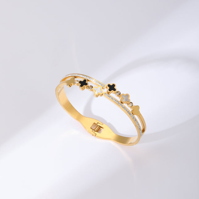 Pulsera Brazalete Con Flores De Cuatro Hojas Y Circonitas Diseño Resorte