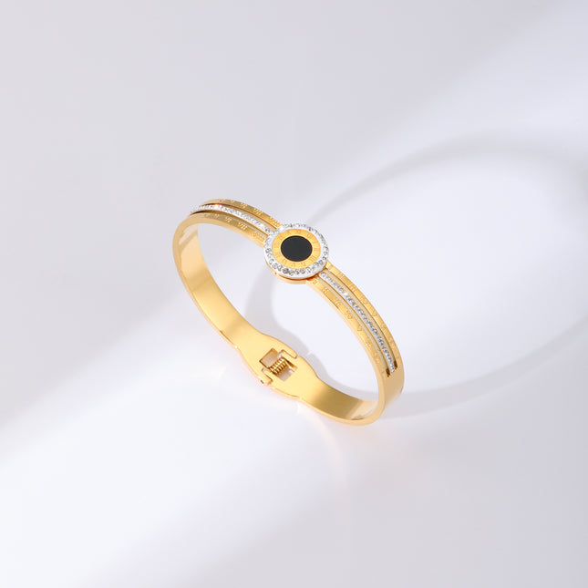 Pulsera Brazalete De Acero Inoxidable Con Disco Negro Y De Zirconias