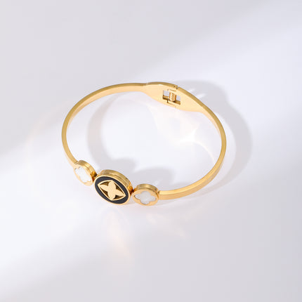 Pulsera Brazalete De Acero Inoxidable Con Trébol Liso y Discos