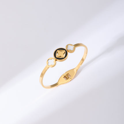 Pulsera Brazalete De Acero Inoxidable Con Trébol Liso y Discos