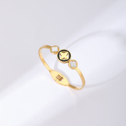 Pulsera Brazalete De Acero Inoxidable Con Trébol Liso y Discos