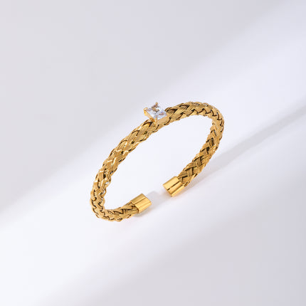 Pulsera Con Diseño De Trenza y Zirconia Blanca Rectangular Brazalete