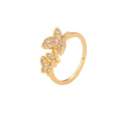 Anillo Con Diseño De Mariposa Y Diamantes De Zirconia En Cobre Chapado En Oro 14K