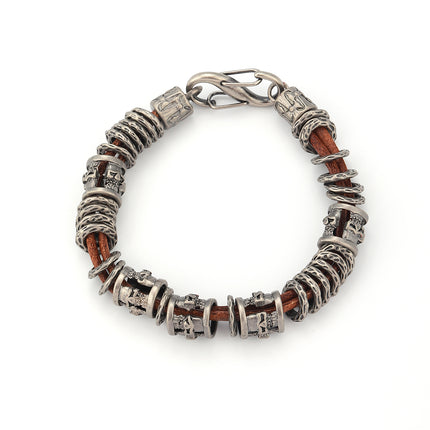 Pulsera Artesanal De Hilo Cuero PU Marrón Con Anillos De Acero