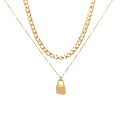Collar De Doble Capa De Cadena Plana Con Candado Brillante De Acero Inoxidable
