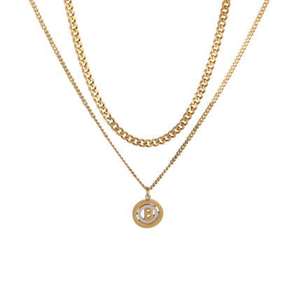 Collar De Cadena Plana De Doble Capa Con Colgante De Concha Redonda Con B Interior
