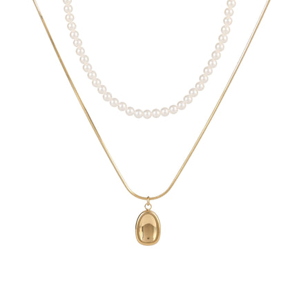 Collar De Doble Capa De Cadena De Serpiente Y Perlas Elegante Con Circón Ovalada