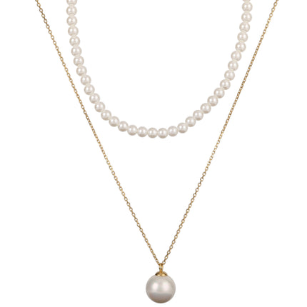 Collar De Doble Capa De Cadena De Perlas Elegante  Y Acero Inoxidable Con Colgante De Perla Grande