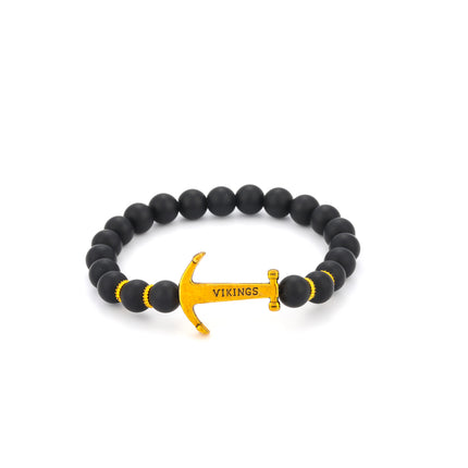 Pulsera De Cuentas Negras Mate Con Ancla Estilo Náutico