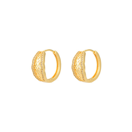 Aretes De Cobre Baño Oro 18K Con Doble Fila De Zirconias, Diseño Calado