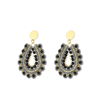 Aretes Largos Bohemios Con Cuentas Negras Tejidas, Acero Inoxidable