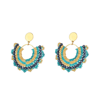 Aretes Bohemios Azul Pavo Real Forma Semicircular y Estilo Únic