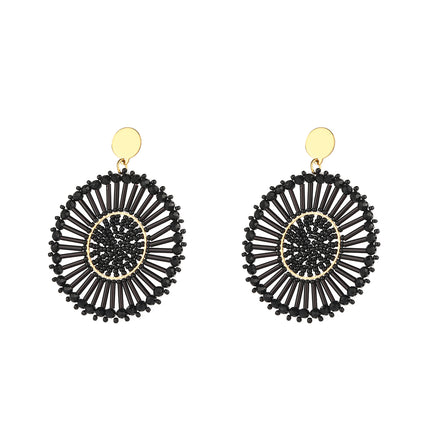 Aretes Bohemios Redondos Con Cuentas Negras Tejidas, Estilo Étnico