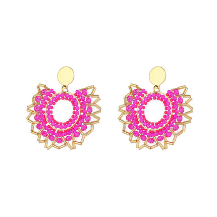 Aretes De Acero Inoxidable Bohemios Con Flor Rosa Tejidos Con Cuentas
