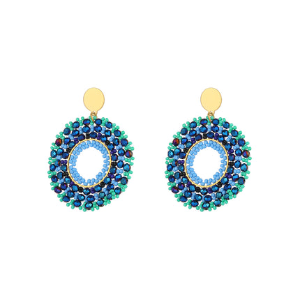 Aretes Largos Acero Bohemios Con Cuentas Azul Verdosas Y Diseño Redondo