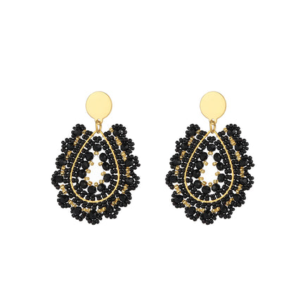 Aretes Bohemios De Gota Con Cuentas Negras Tejidas, Acero Inoxidable