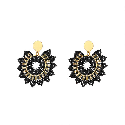 Aretes Largos Bohemios Con Flor Tejida De Cuentas Negras, Acero Inoxidable