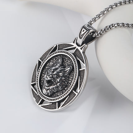 Collar Para Hombre Con Diseño Circular De Lobo Vintage Estilo Moderno De Acero Inoxidable