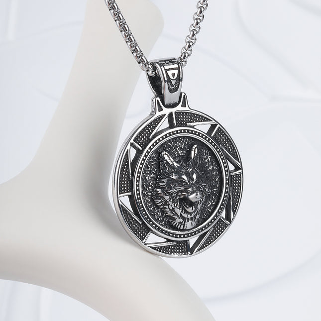 Collar Para Hombre Con Diseño Circular De Lobo Vintage Estilo Moderno De Acero Inoxidable