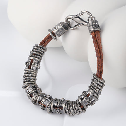 Pulsera Artesanal De Hilo Cuero PU Marrón Con Anillos De Acero