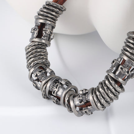 Pulsera Artesanal De Hilo Cuero PU Marrón Con Anillos De Acero