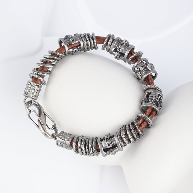 Pulsera Artesanal De Hilo Cuero PU Marrón Con Anillos De Acero