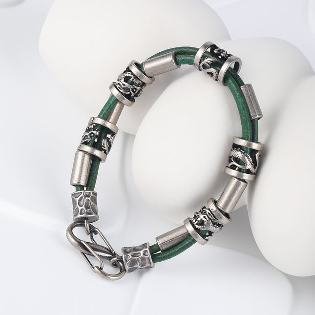 Pulsera De Cuero PU Verde Con Acero Inoxidable 316, Estilo Heavy Duty