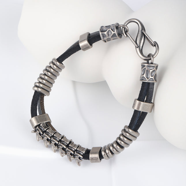 Pulsera De Cuero PU Con Detalles De Hueso Y Anillos En Acero 316