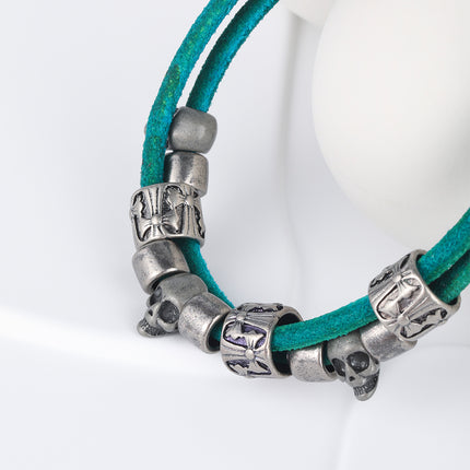 Pulsera Artesanal De Hilo De Cuero PU Verde De Doble Capa