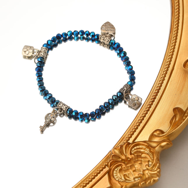 Pulsera De Cuentas Geométricas Con Dijes De Corazón Y Llave Estilo Moda