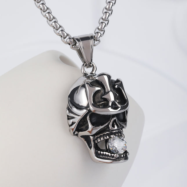 Collar Con Diseño De Calavera Vintage Y Diamantes De Moda Para Hombre De Acero Inoxidable