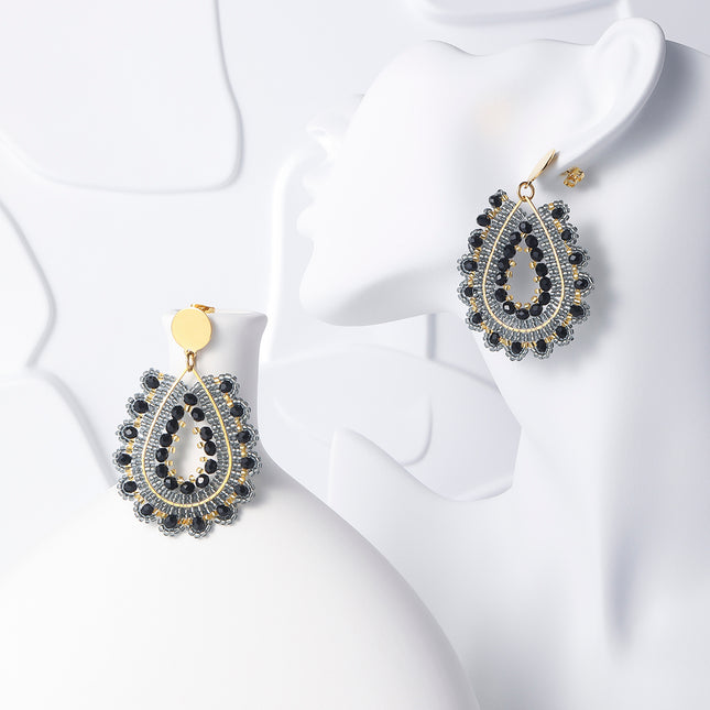 Aretes Largos Bohemios Con Cuentas Negras Tejidas, Acero Inoxidable