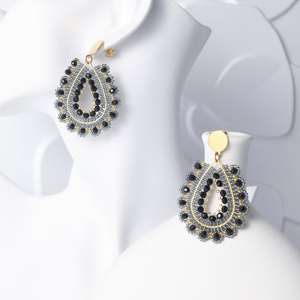 Aretes Largos Bohemios Con Cuentas Negras Tejidas, Acero Inoxidable