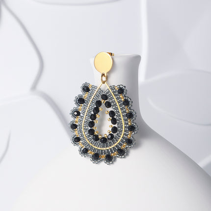 Aretes Largos Bohemios Con Cuentas Negras Tejidas, Acero Inoxidable