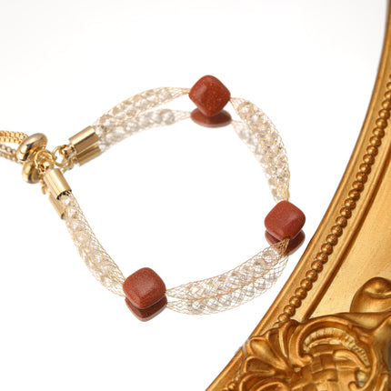 Pulsera De Cobre Con Cadena De Malla Metálica Y Piedra Roja Mujer
