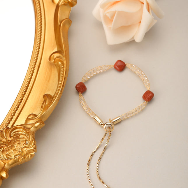 Pulsera De Cobre Con Cadena De Malla Metálica Y Piedra Roja Mujer