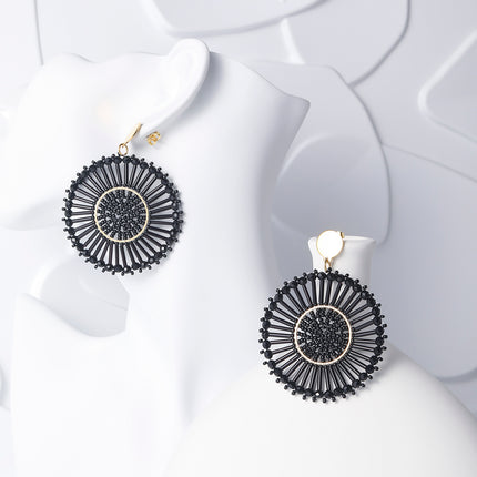 Aretes Bohemios Redondos Con Cuentas Negras Tejidas, Estilo Étnico