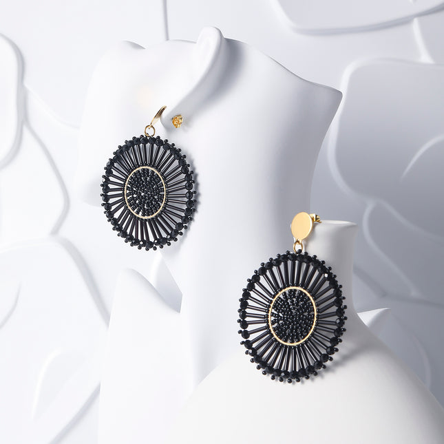 Aretes Bohemios Redondos Con Cuentas Negras Tejidas, Estilo Étnico