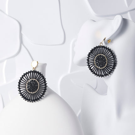 Aretes Bohemios Redondos Con Cuentas Negras Tejidas, Estilo Étnico