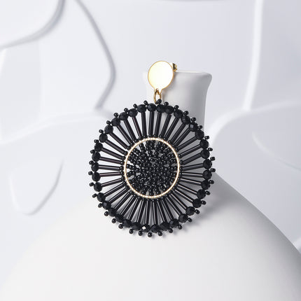 Aretes Bohemios Redondos Con Cuentas Negras Tejidas, Estilo Étnico