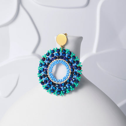 Aretes Largos Acero Bohemios Con Cuentas Azul Verdosas Y Diseño Redondo