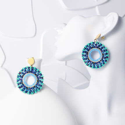Aretes Largos Acero Bohemios Con Cuentas Azul Verdosas Y Diseño Redondo